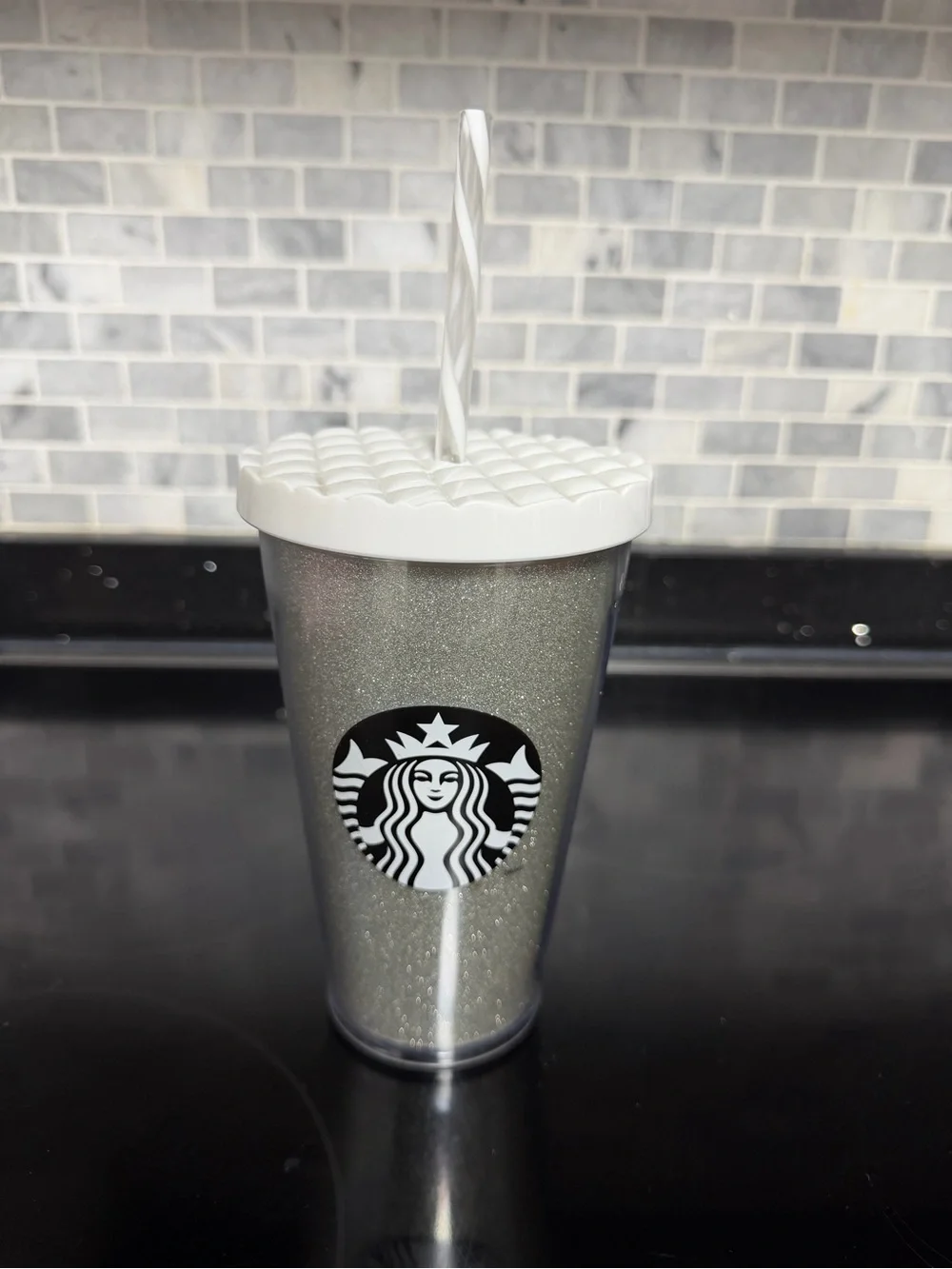 Starbucks Silver Glitter Tumbler with White Lid and Straw